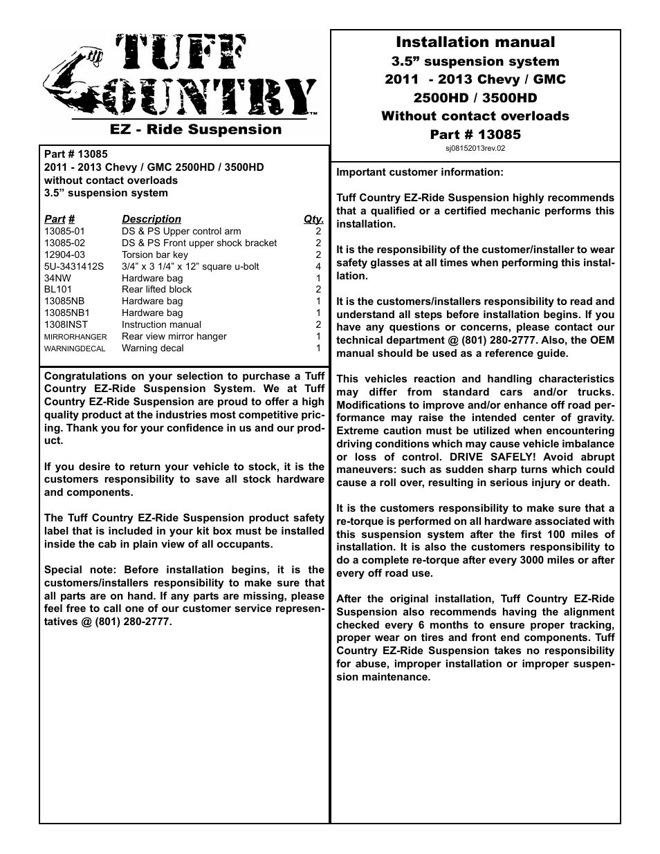 Tuff Country 13085 - GM 11-13 Silverado 2500HD 3.5 lift kit User Manual | 11 pages