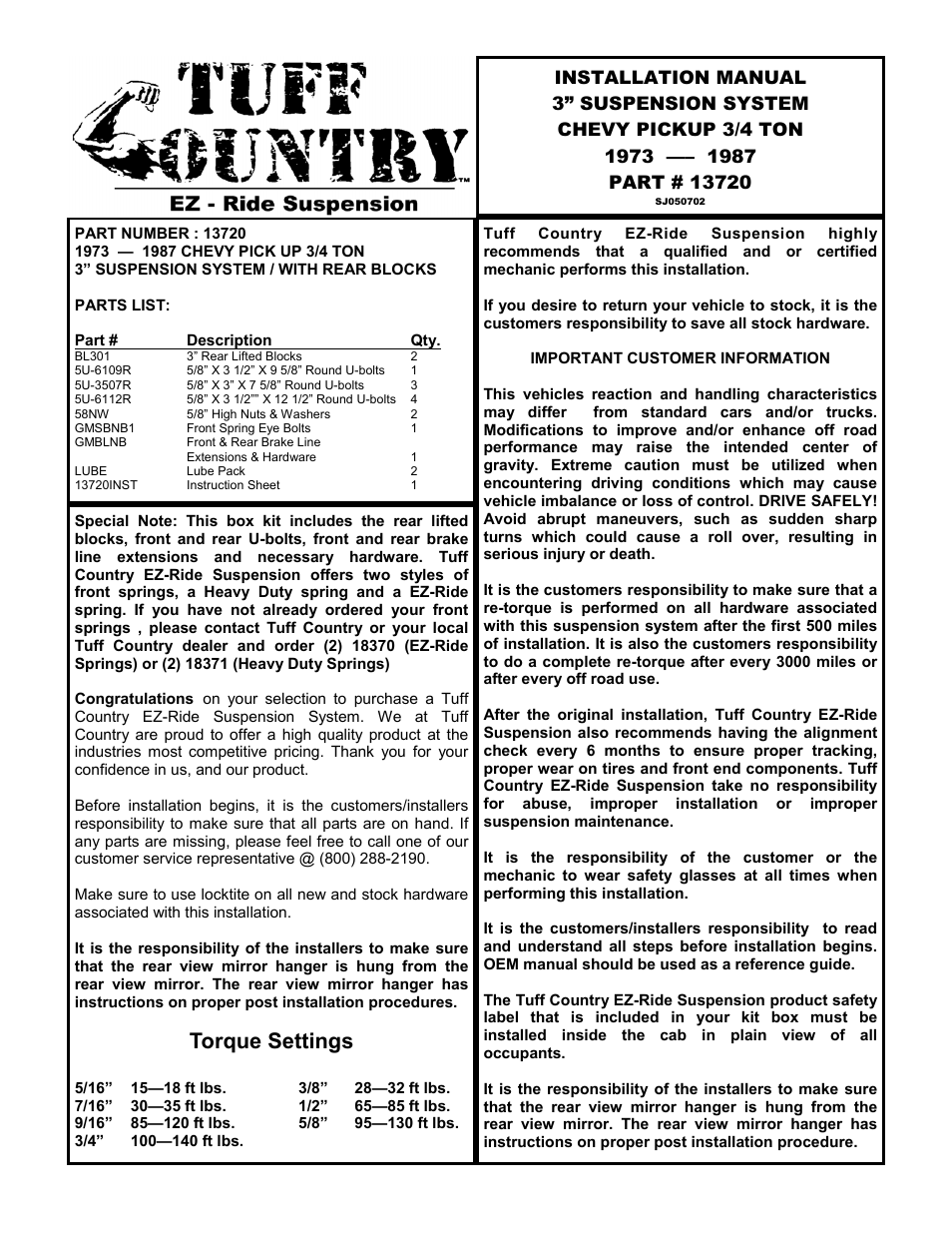 Tuff Country 13720 - GM 73-87 3/4 ton 3 box kit User Manual | 8 pages
