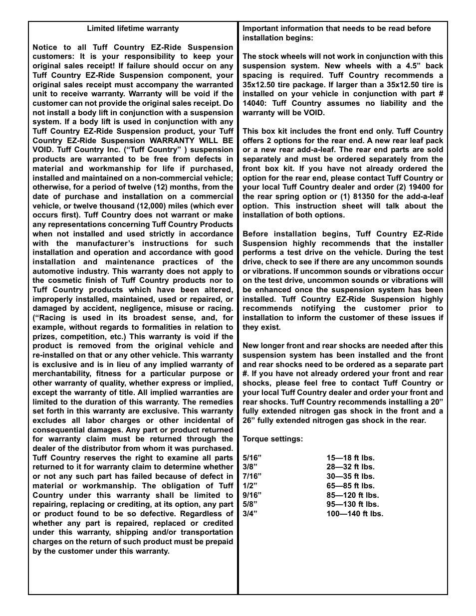 Tuff Country 14040 - Hummer H3 4 lift kit User Manual | Page 2 / 21