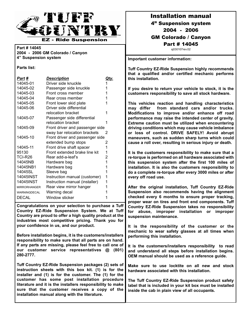 Tuff Country 14045 - GM Colorado / Canyon 4 lift kit User Manual | 25 pages