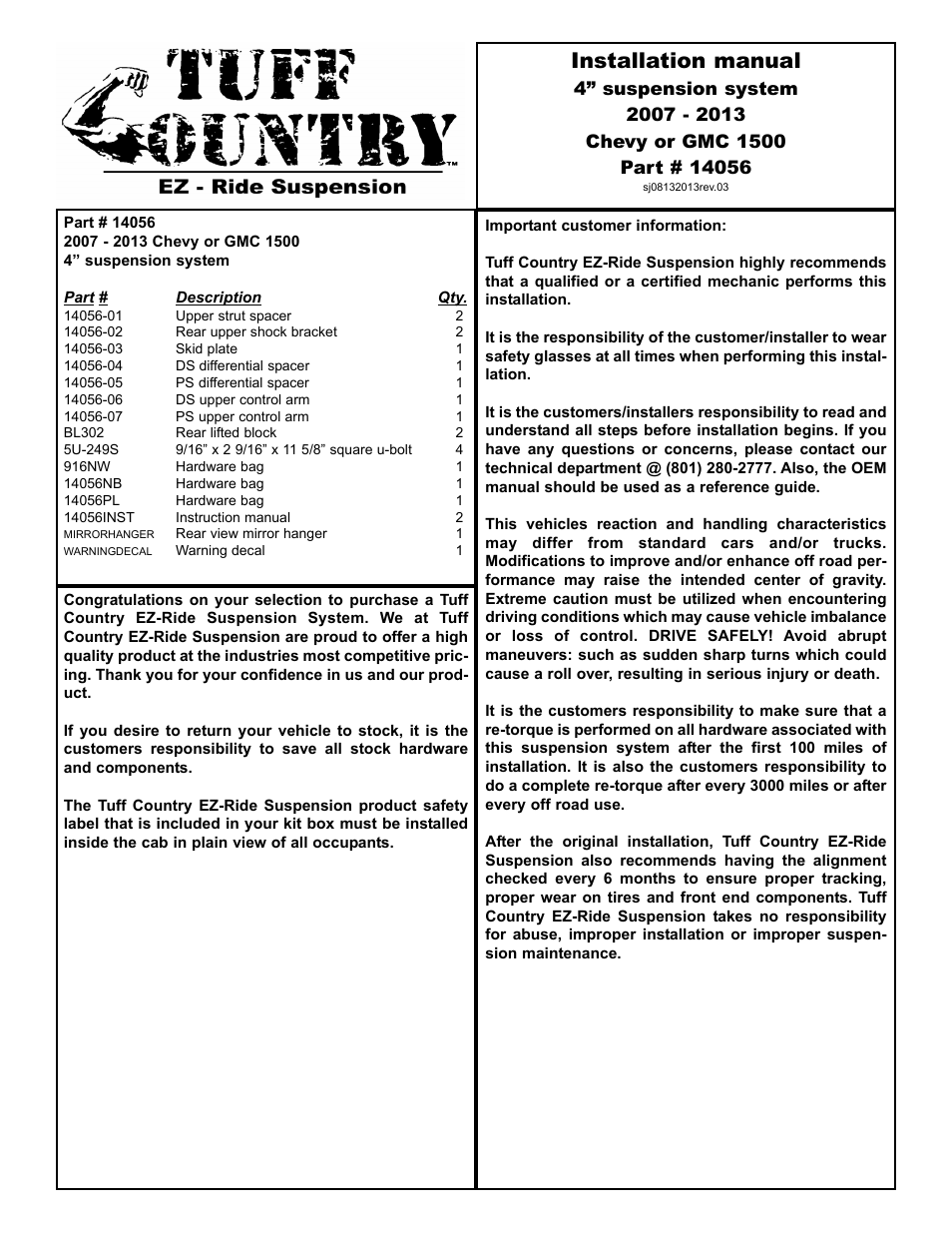 Tuff Country 14056 - GM 07-13 Silverado 1500 4wd 4 lift kit User Manual | 14 pages