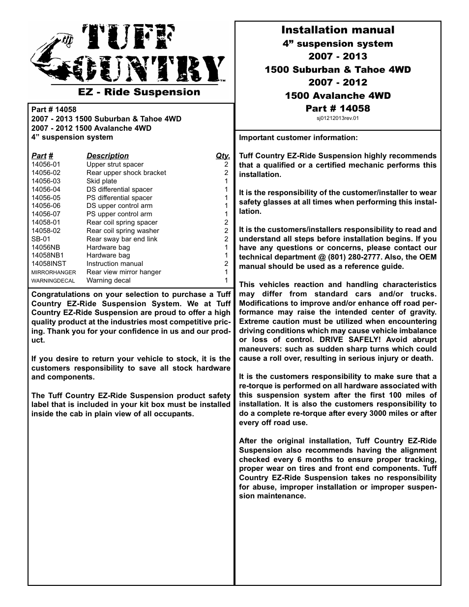 Tuff Country 14058 - GM 07-13 Suburban / Tahoe 1500 4wd 4 lift kit User Manual | 15 pages