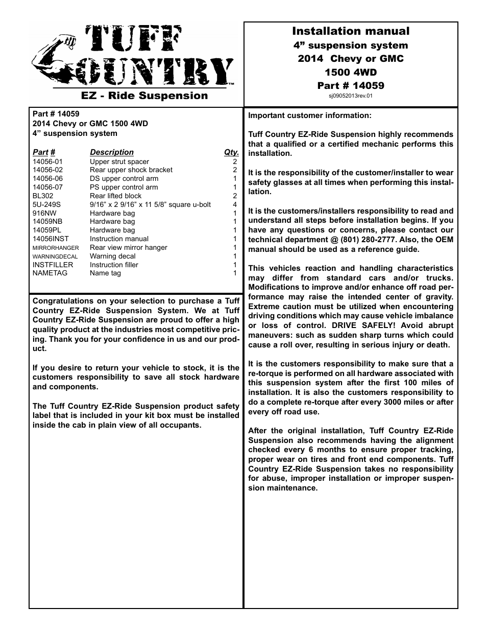 Tuff Country 14059 - GM 2014 Silverado 1500 4wd 4 lift kit User Manual | 13 pages