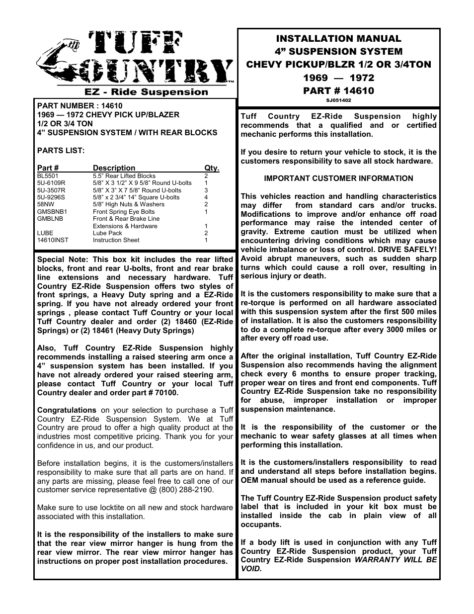 Tuff Country 14610 - GM 69-72 2 box kit User Manual | 9 pages