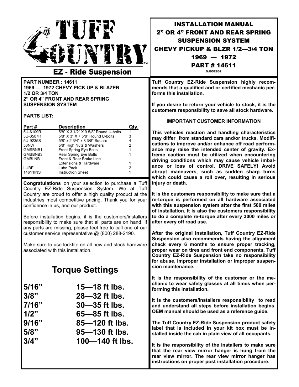 Tuff Country 14611 - GM 69-72 2 box kit (systems with rear springs) User Manual | 9 pages