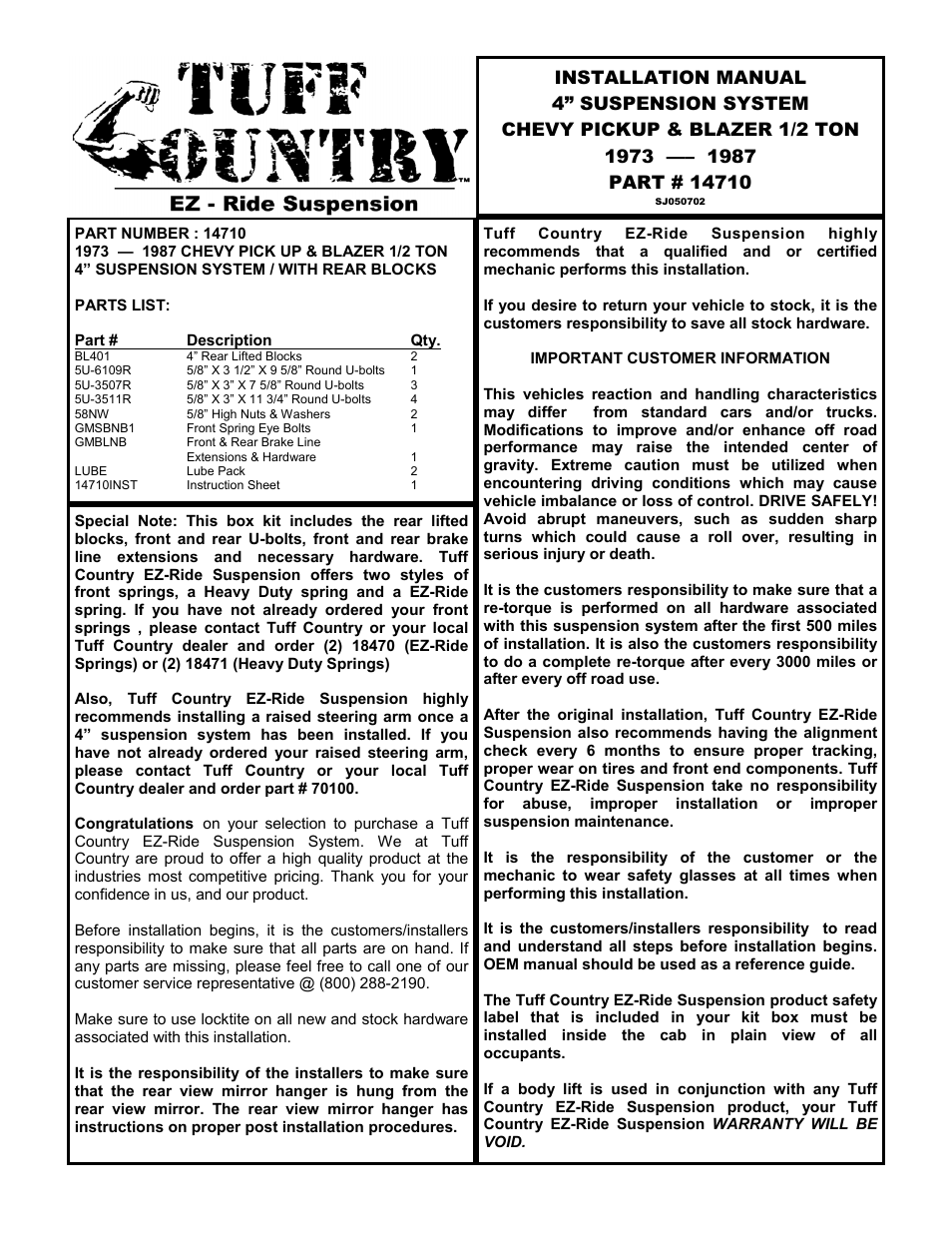 Tuff Country 14710 - GM 73-87 1/2 ton 4 box kit User Manual | 9 pages