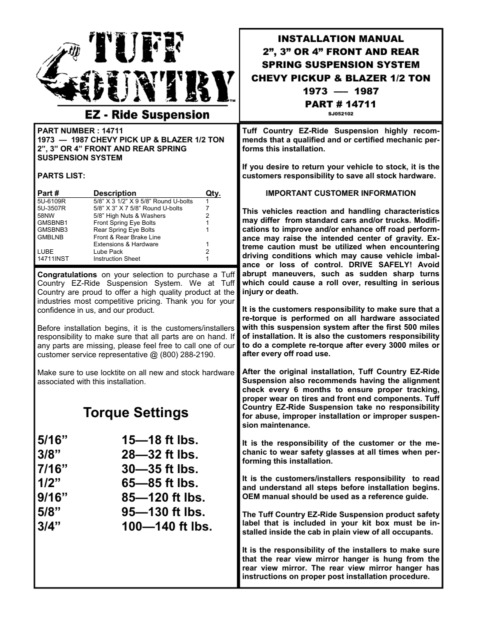 Tuff Country 14711 - GM 73-87 1/2 ton 4 box kit (systems with rear springs) User Manual | 9 pages