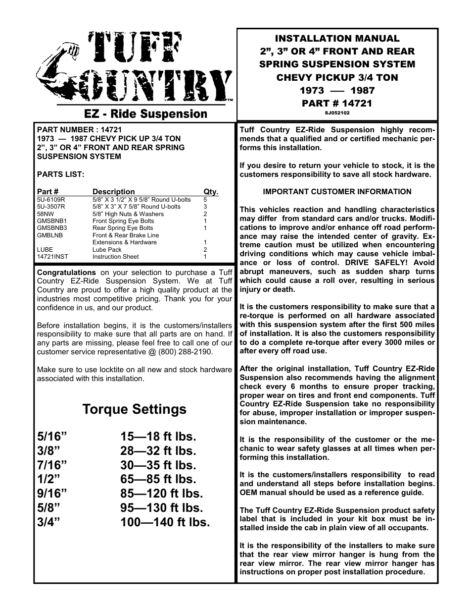 Tuff Country 14721 - GM 73-87 3/4 ton 4 box kit (systems with rear springs) User Manual | 9 pages