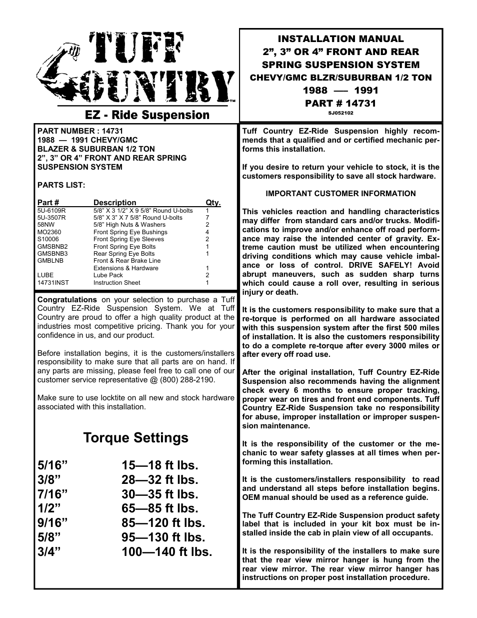 Tuff Country 14731 - GM 88-91 1/2 ton Blazer / Sub 4 box kit (systems with rear springs) User Manual | 9 pages