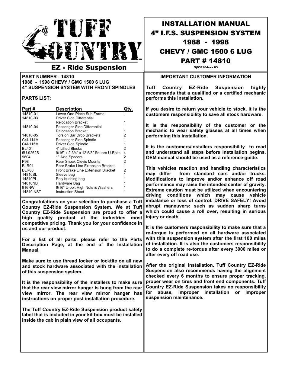 Tuff Country 14810 - GM 88-98 K1500 / K2500 6lug 4 User Manual | 23 pages