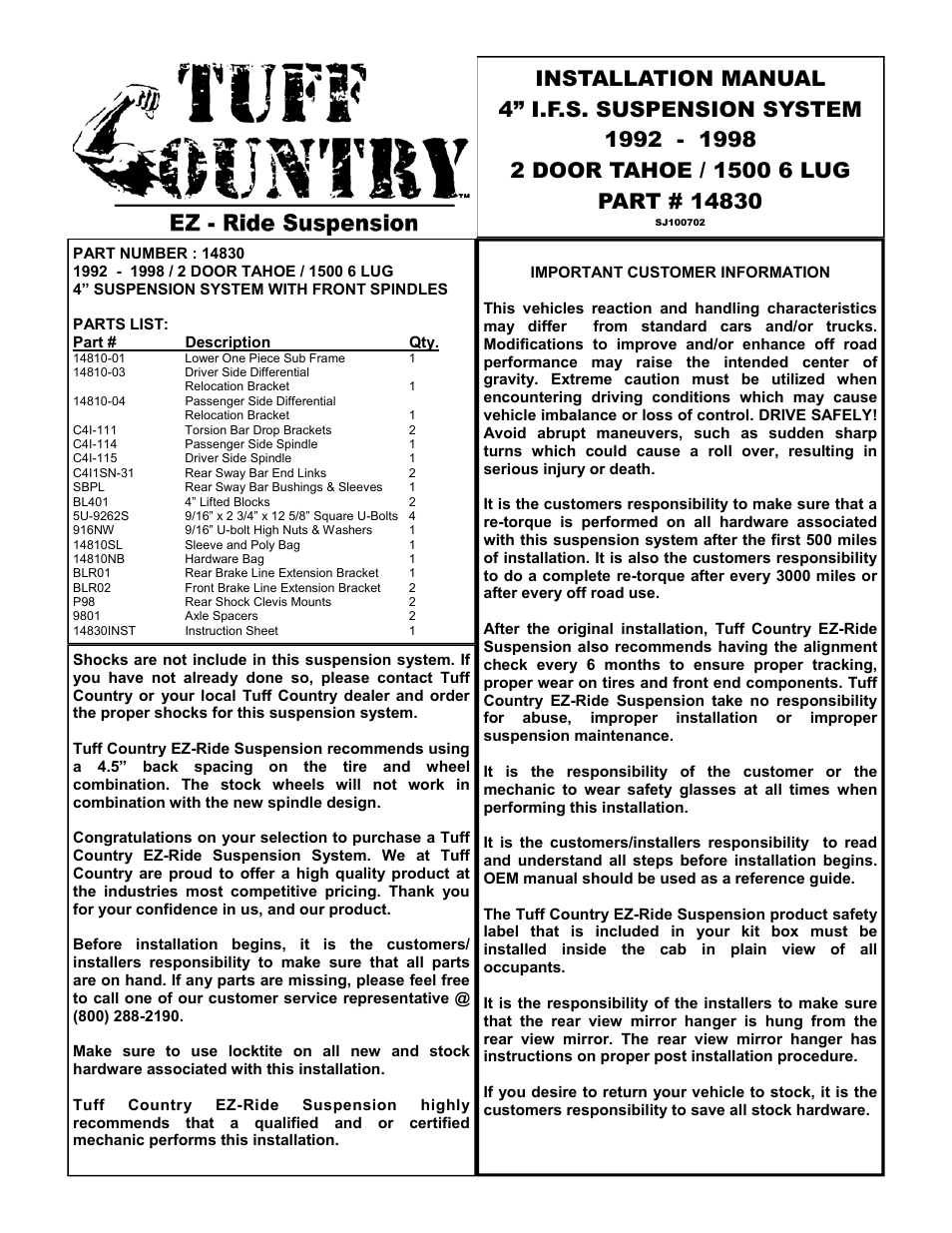 Tuff Country 14830 - GM 92-98 Suburban K1500 4 User Manual | 22 pages