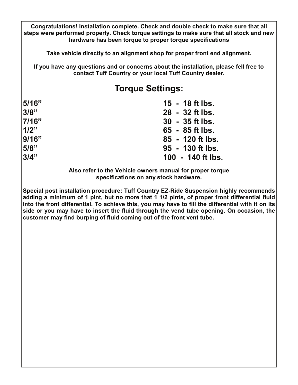 Torque settings | Tuff Country 14955 - GM 99-05 Silverado K1500 4 kit User Manual | Page 12 / 28