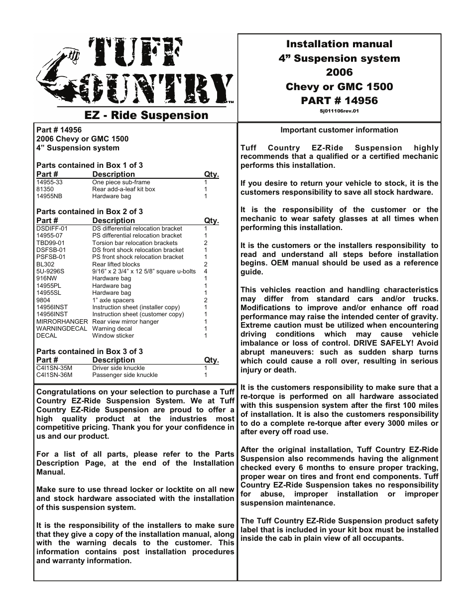 Tuff Country 14956 - GM 2006 Silverado K1500 4 kit User Manual | 28 pages