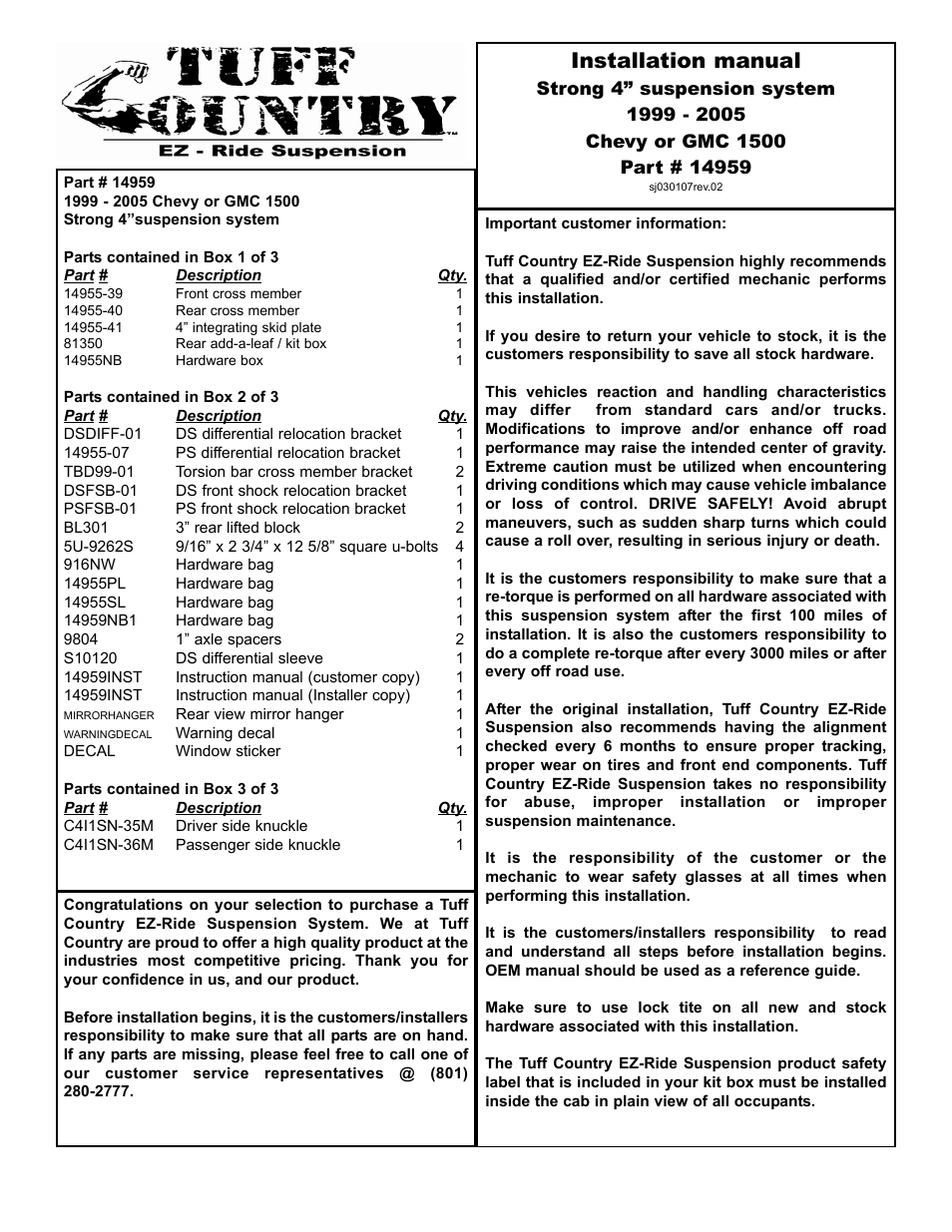 Tuff Country 14959 - GM 99-05 Silverado K1500 4 STRONG kit User Manual | 30 pages