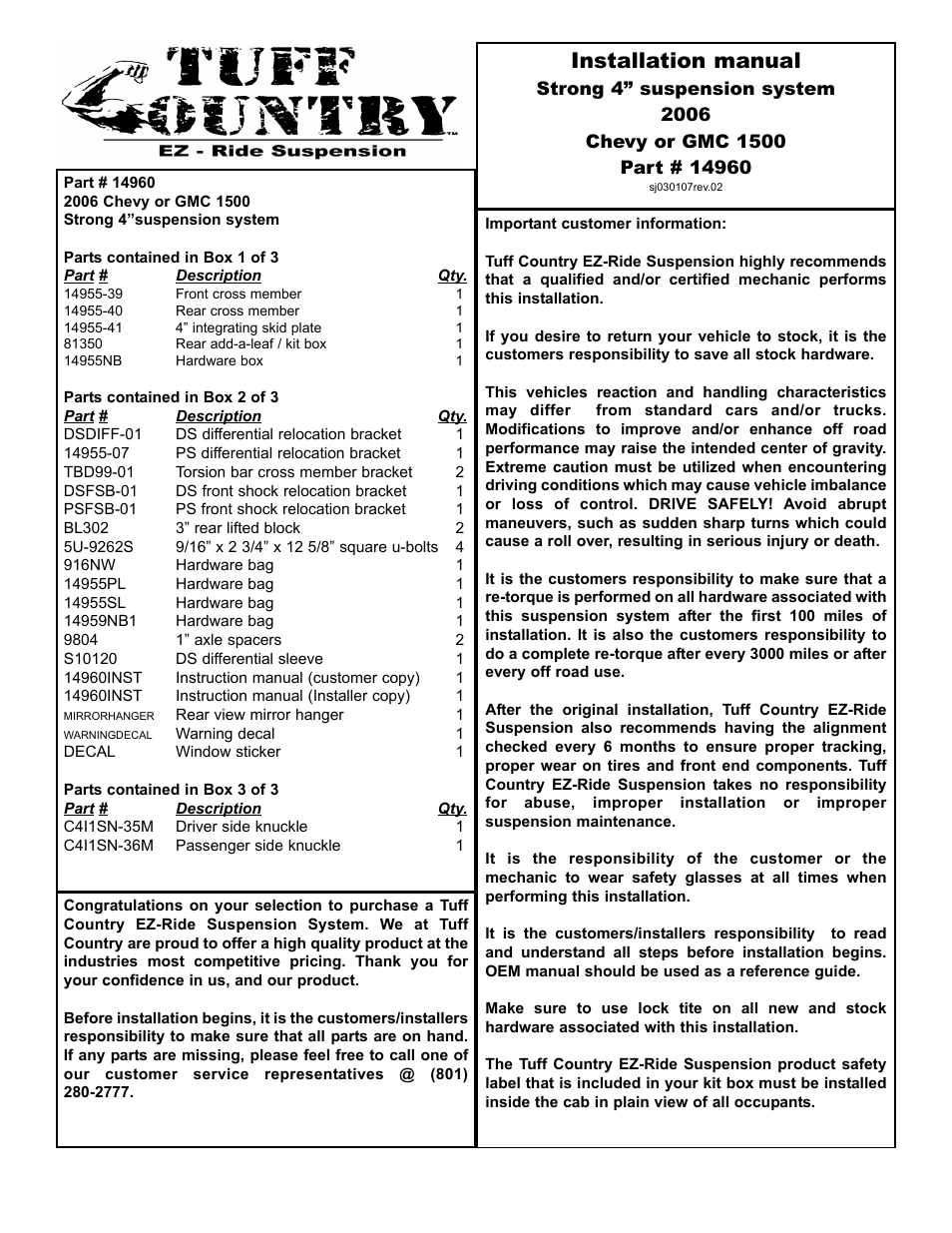 Tuff Country 14960 - GM 2006 Silverado K1500 4 STRONG kit User Manual | 30 pages