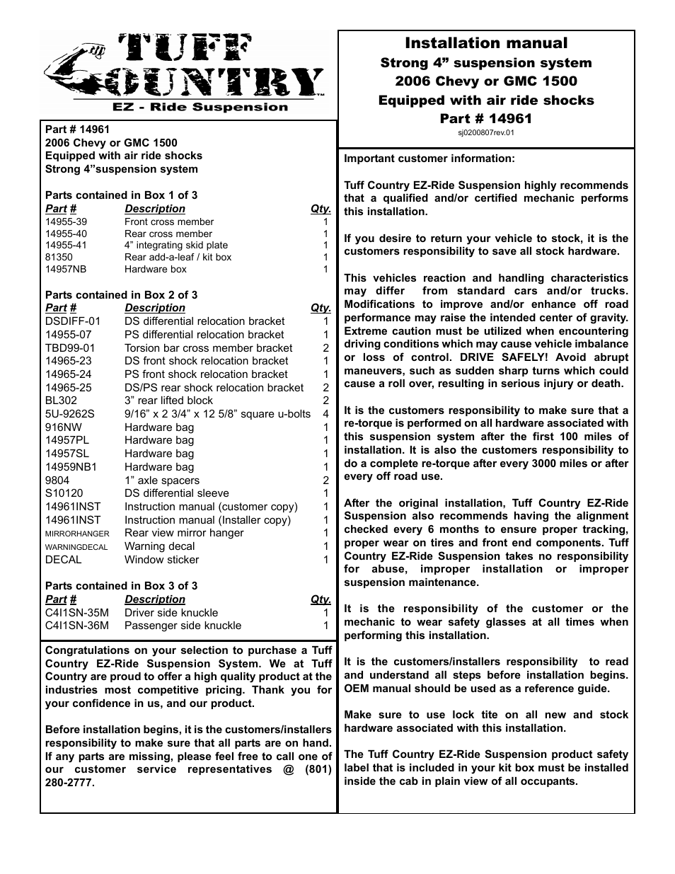 Tuff Country 14961 - GM 2006 Silverado K1500 (w/air shocks) 4 STRONG kit User Manual | 29 pages