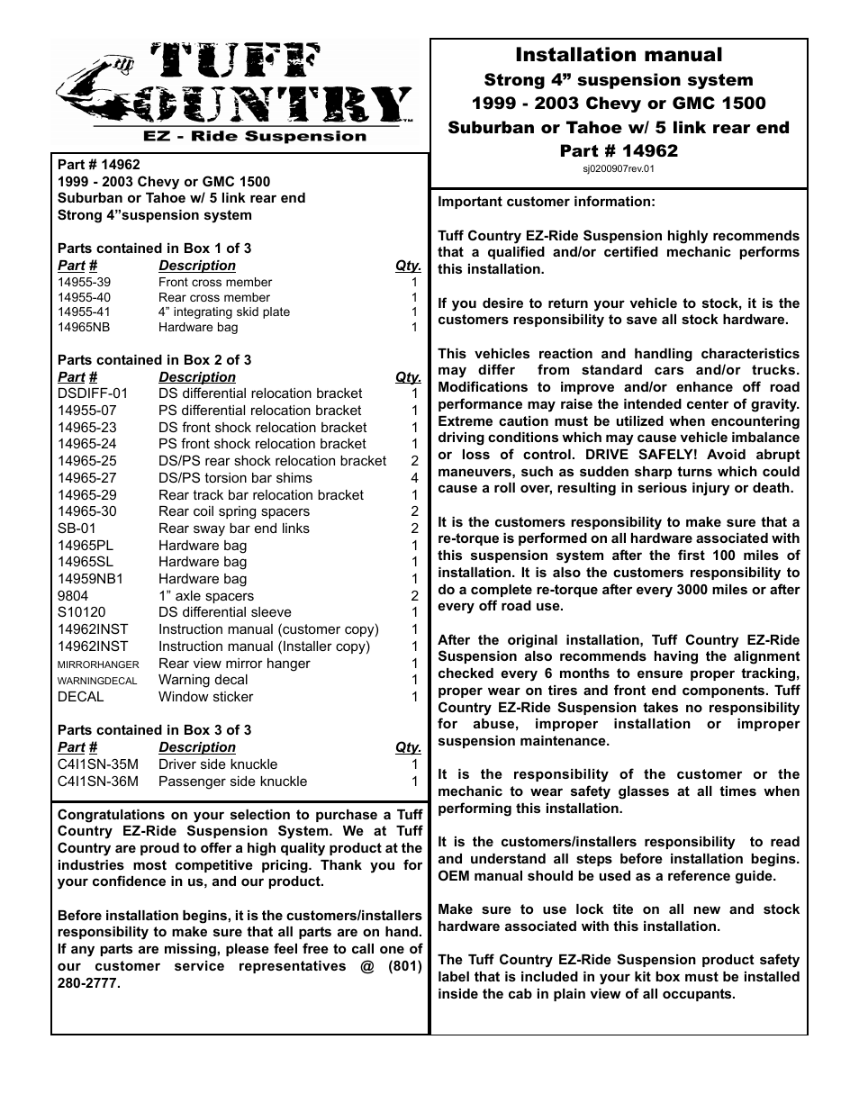 Tuff Country 14962 - GM 00-03 Suburban / Tahoe K1500 4 STRONG kit User Manual | 31 pages