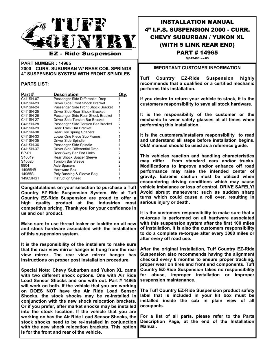 Tuff Country 14965 - GM 00-03 Suburban / Tahoe K1500 4 kit User Manual | 33 pages