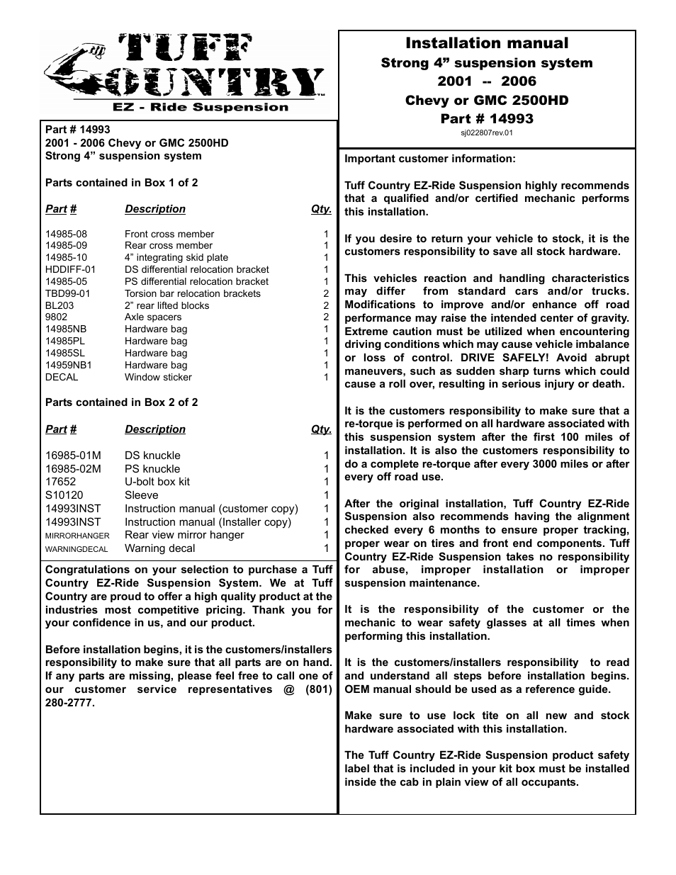 Tuff Country 14993 - GM 01-09 K2500 HD 4wd 4 kit User Manual | 26 pages