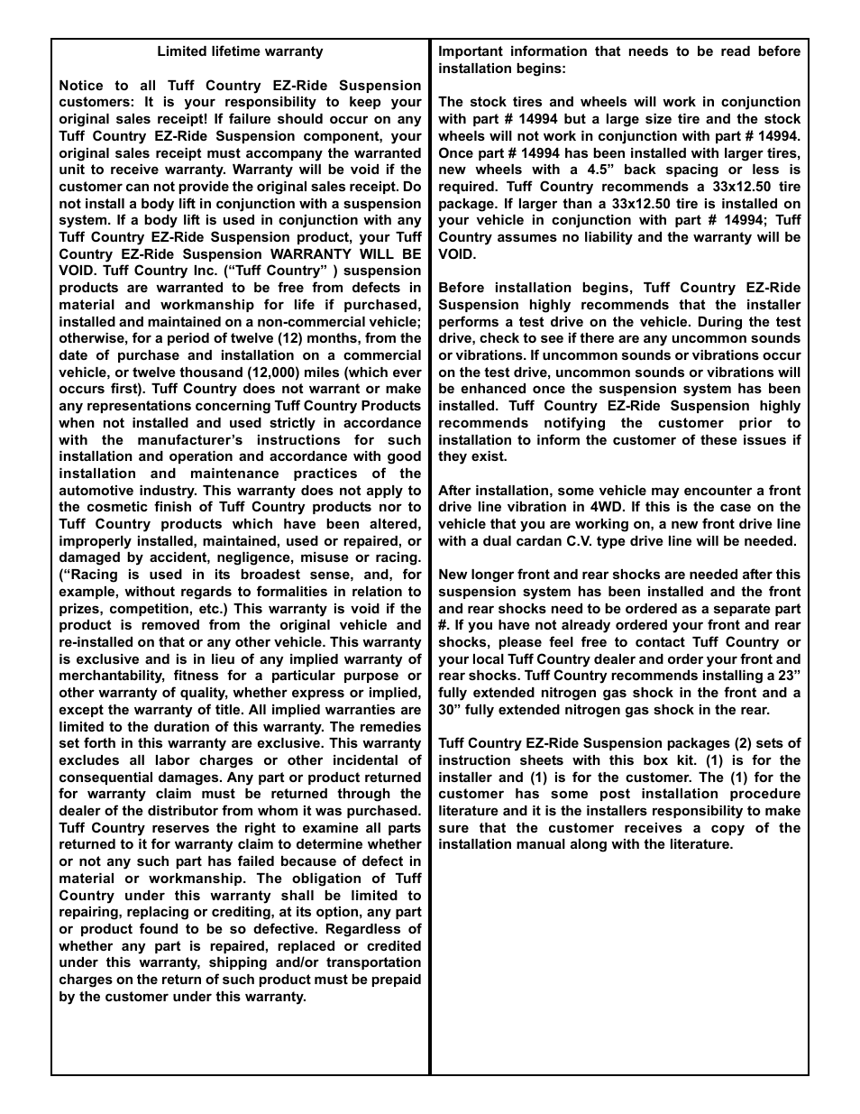 Tuff Country 14994 - GM 01-06 K3500 HD 4wd 4 kit User Manual | Page 2 / 26