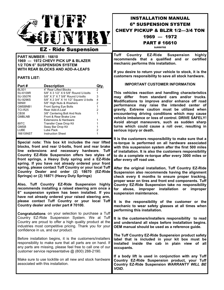Tuff Country 16610 - GM 69-72 6 box kit User Manual | 10 pages