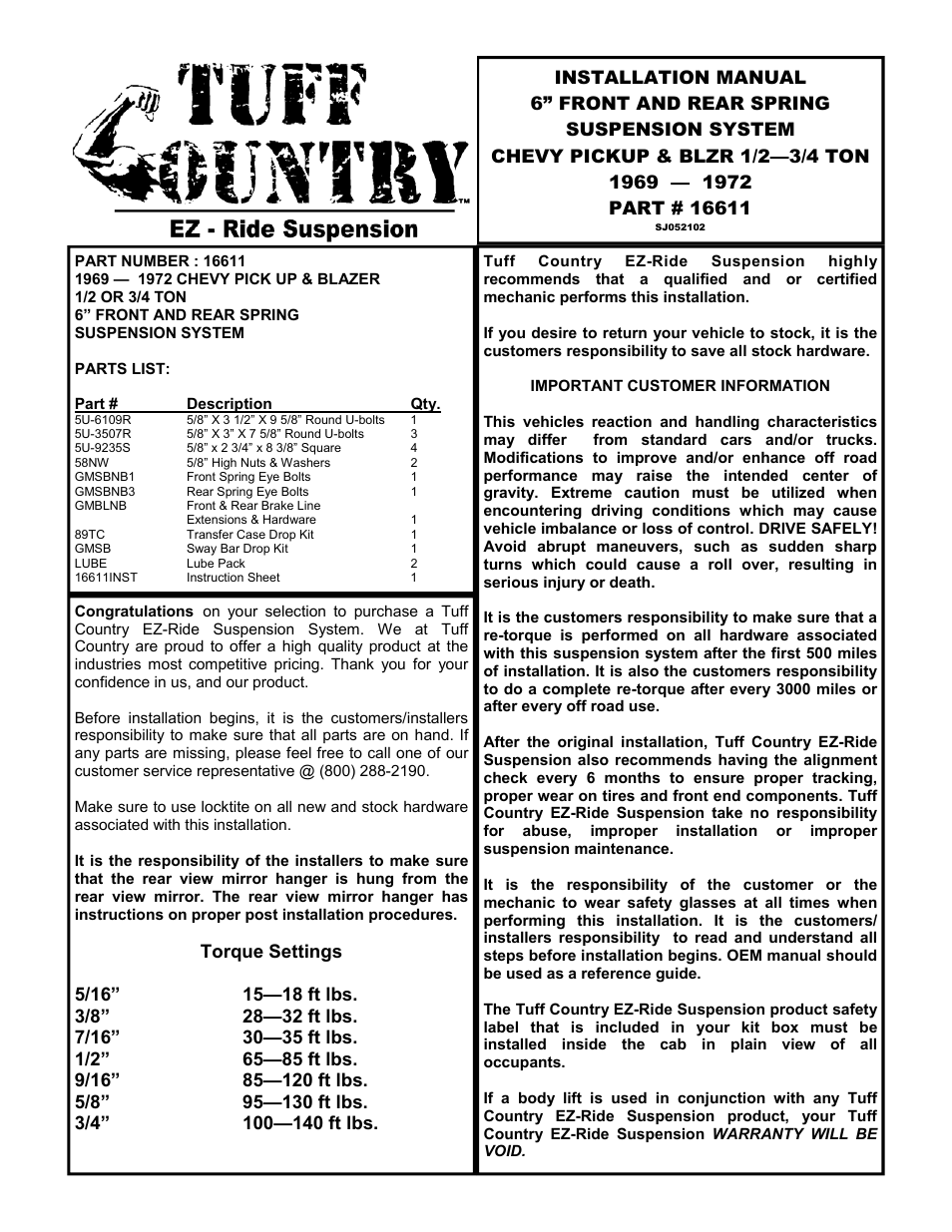 Tuff Country 16611 - GM 69-72 6 box kit (systems with rear springs) User Manual | 10 pages
