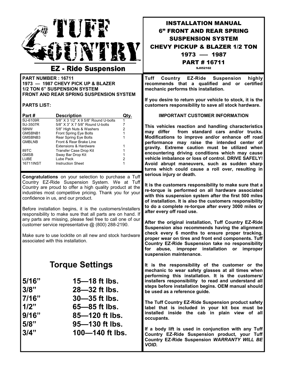 Tuff Country 16711 - GM 73-87 6 1/2 ton box kit (systems with rear springs) User Manual | 10 pages