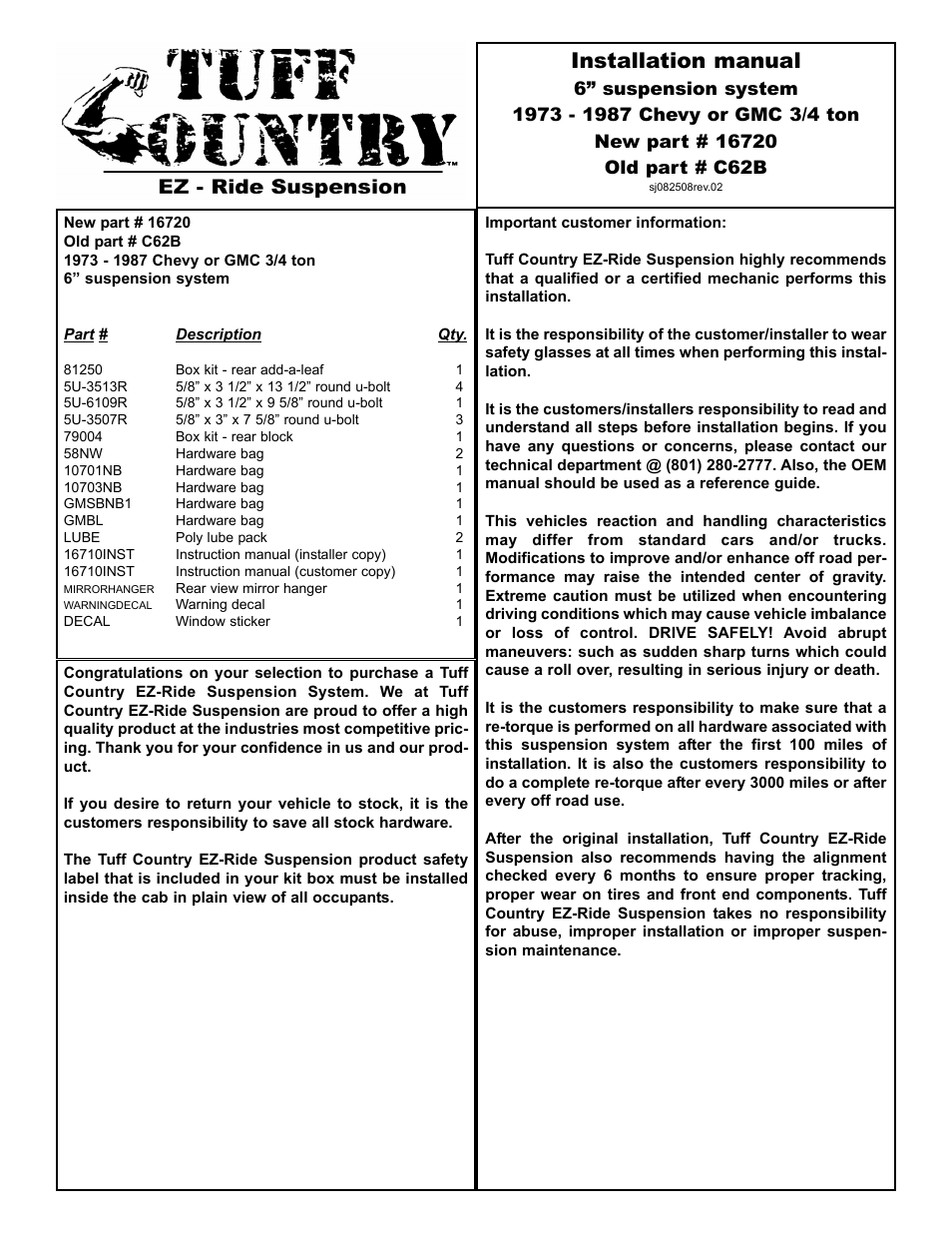 Tuff Country 16720 - GM 73-87 6 3/4 ton box kit User Manual | 8 pages