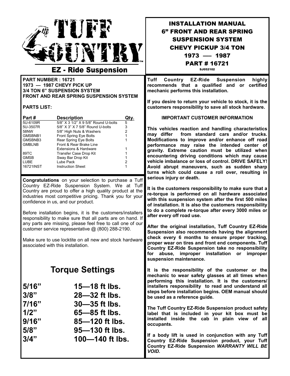 Tuff Country 16721 - GM 73-87 6 3/4 ton box kit (systems with rear springs) User Manual | 10 pages