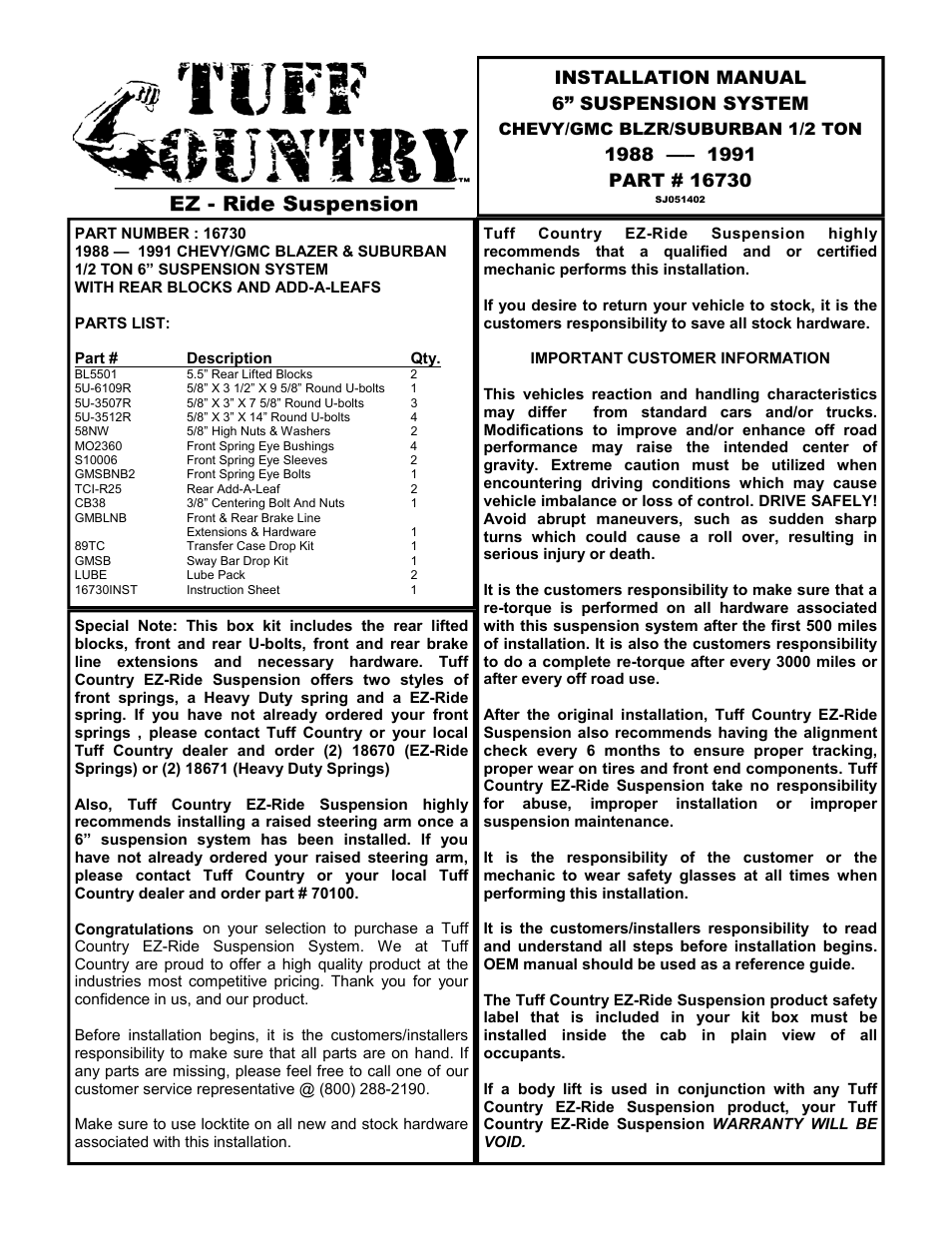 Tuff Country 16730 - GM 88-91 1/2 ton Blazer / Sub 6 box kit User Manual | 10 pages