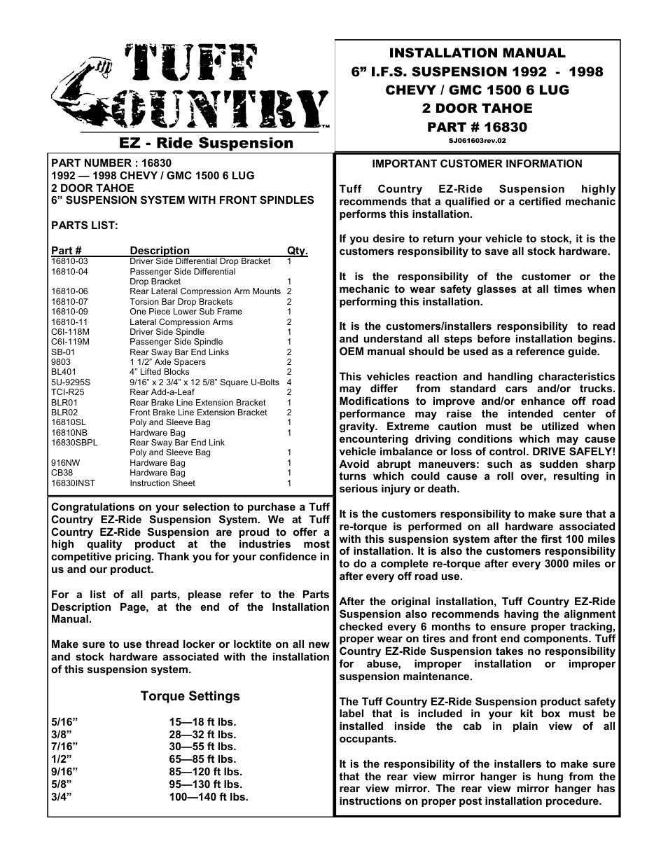 Tuff Country 16830 - GM 92-98 K1500 Suburban and 2-door Tahoe 6 kit User Manual | 26 pages