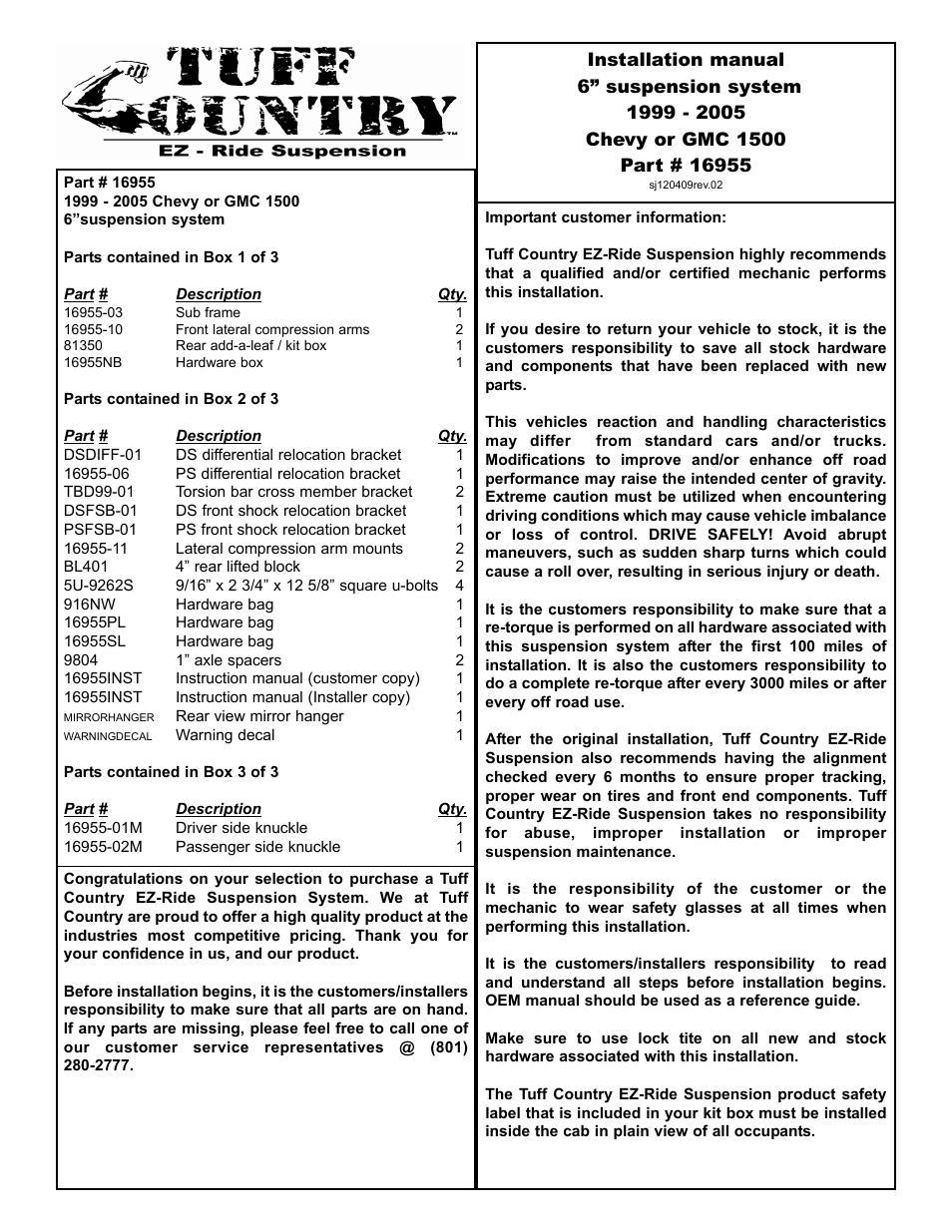 Tuff Country 16955 - GM 99-05 Silverado K1500 6 kit User Manual | 24 pages