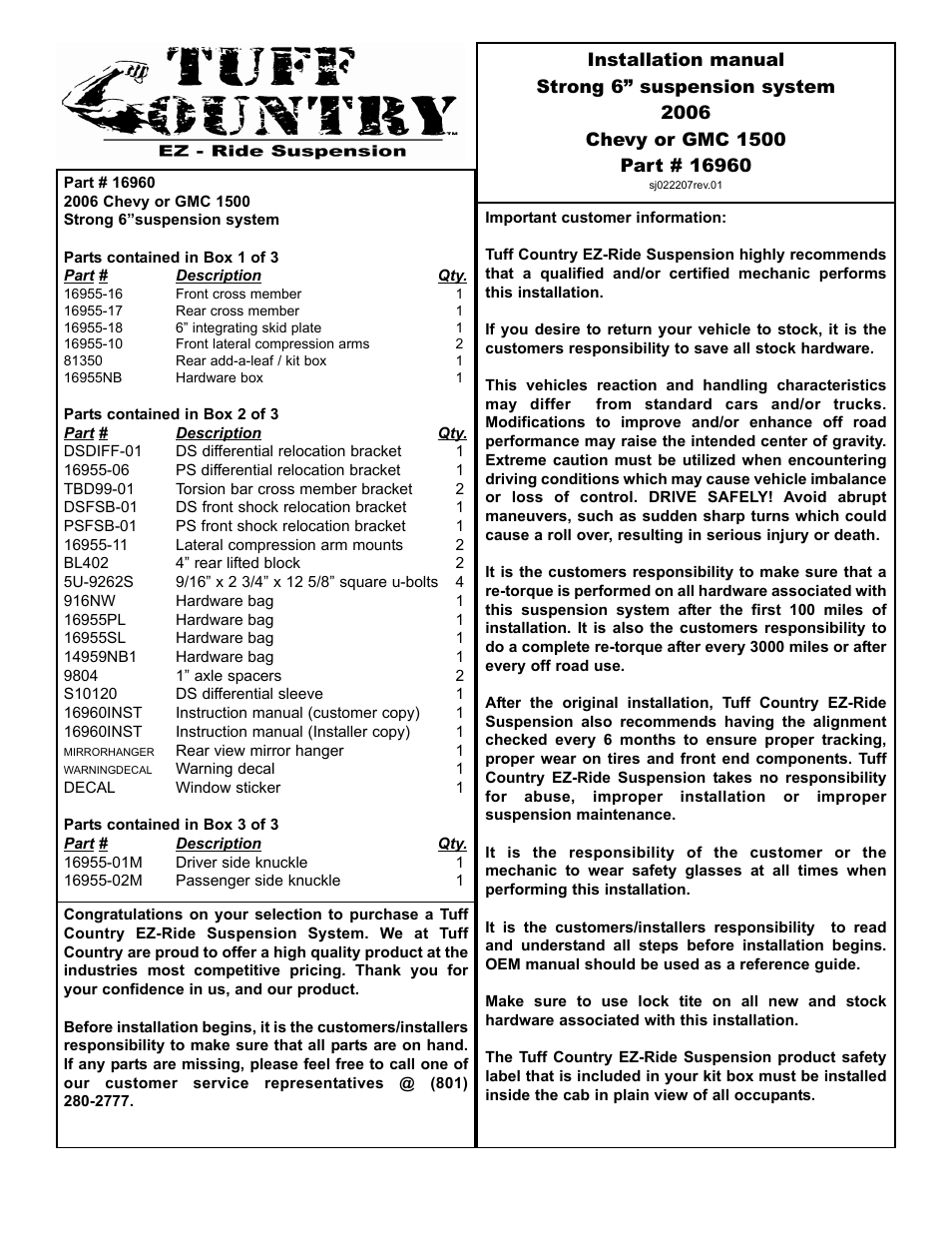Tuff Country 16960 - GM 2006 K1500 4wd 6 kit User Manual | 33 pages