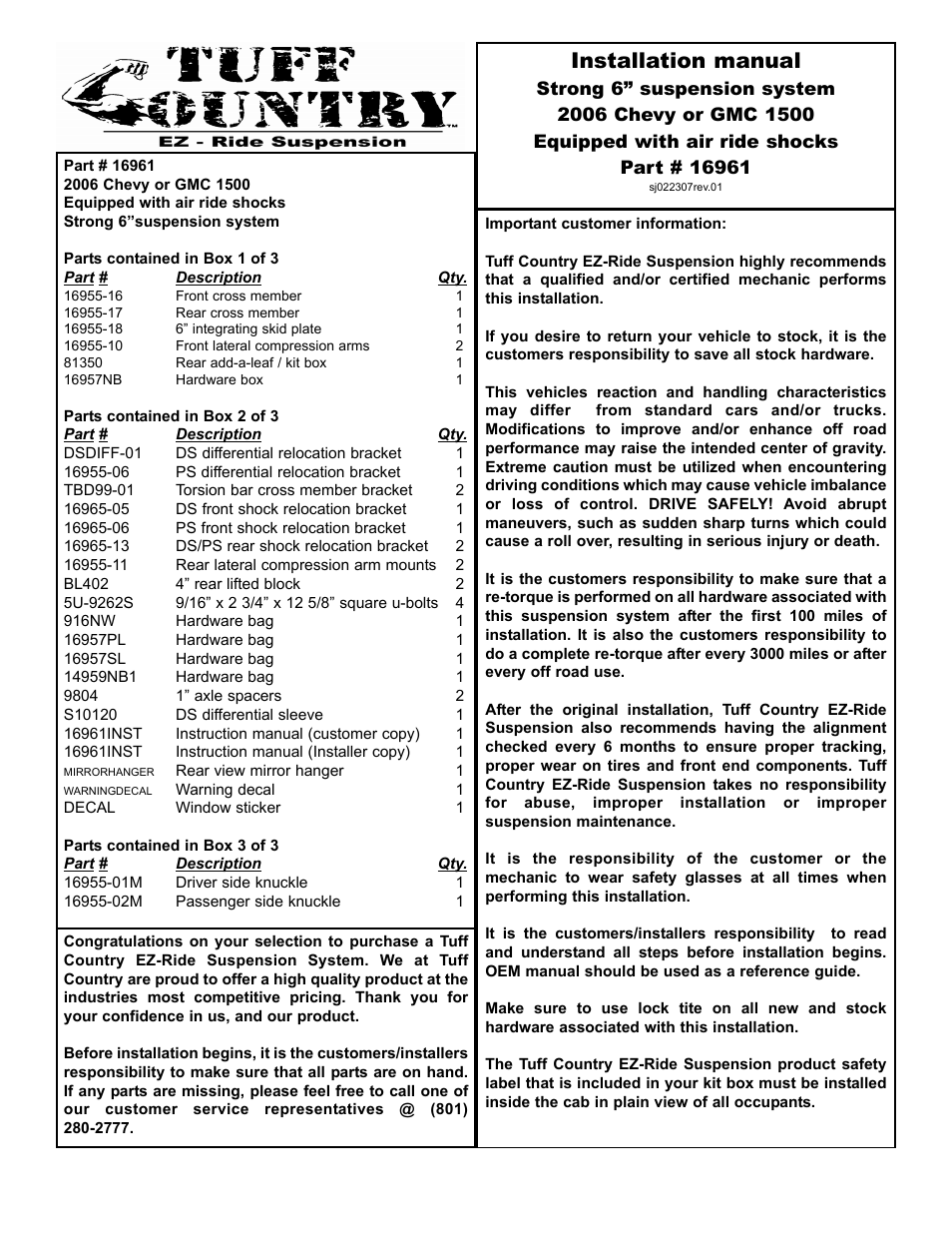 Tuff Country 16961 - GM 2006 K1500 4wd 6 kit (w/factory air shocks) User Manual | 33 pages