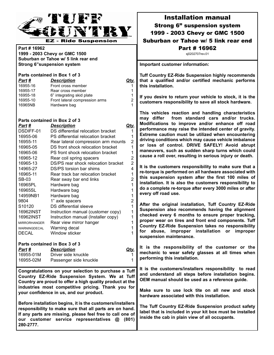 Tuff Country 16962 - GM 00-03 Suburban / Tahoe K1500 6 STRONG kit User Manual | 33 pages