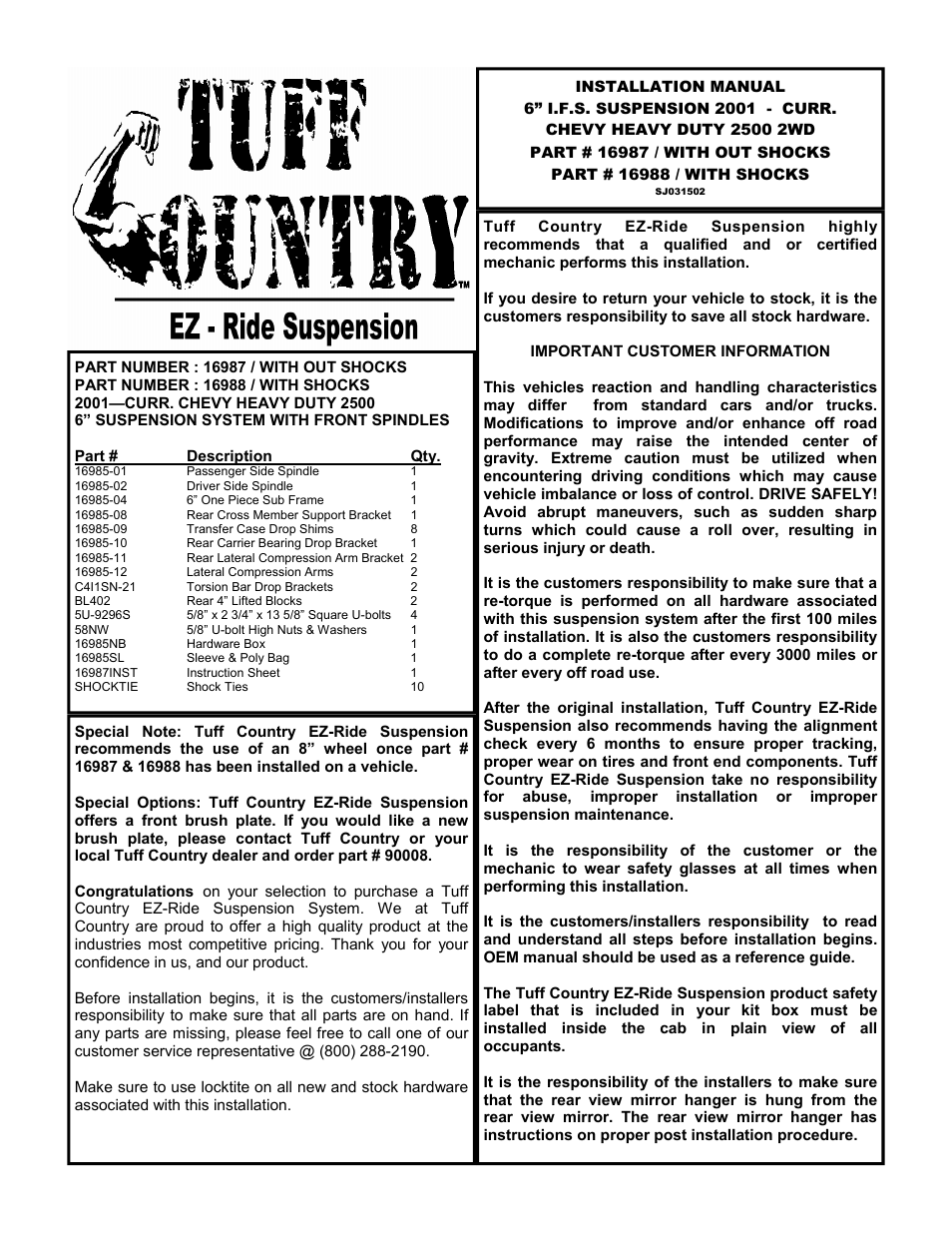 Tuff Country 16987 - GM 00-06 K2500 HD 2wd 6 kit User Manual | 21 pages
