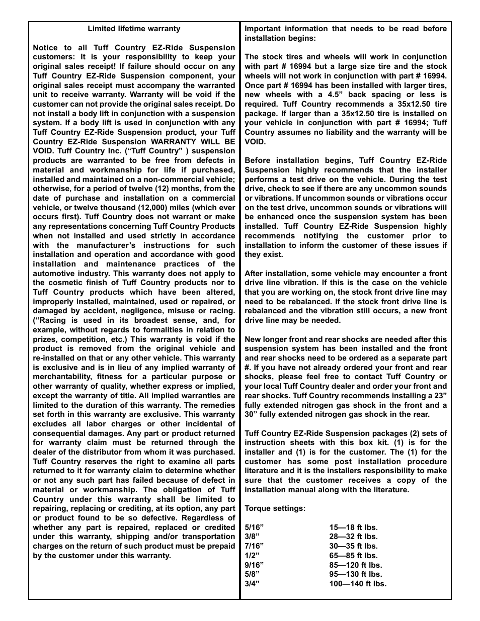 Tuff Country 16994 - GM 01-06 K3500 HD 4wd 6 kit User Manual | Page 2 / 28