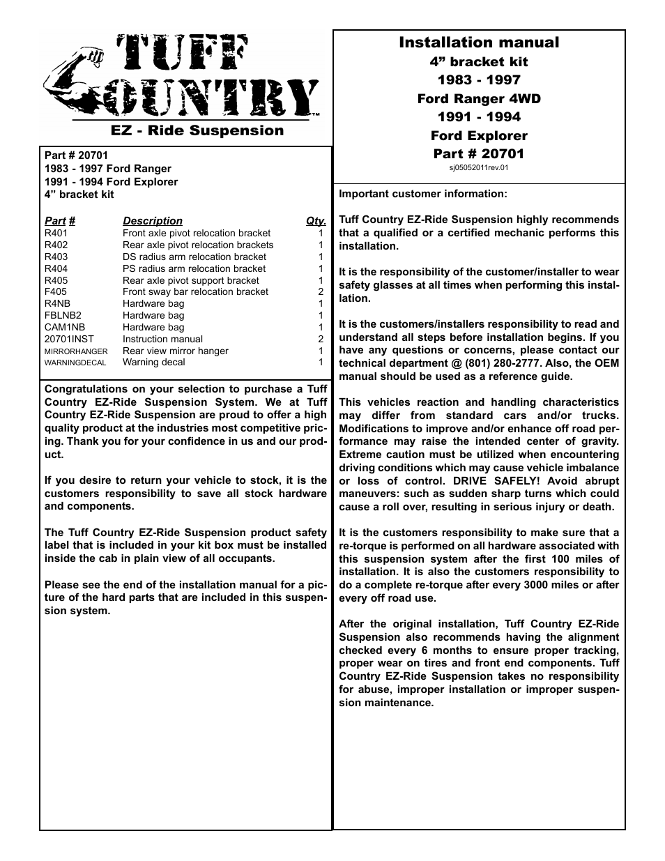 Tuff Country 20816 - Ford Ranger / Explorer axle pivot and radius arm brackets User Manual | 9 pages