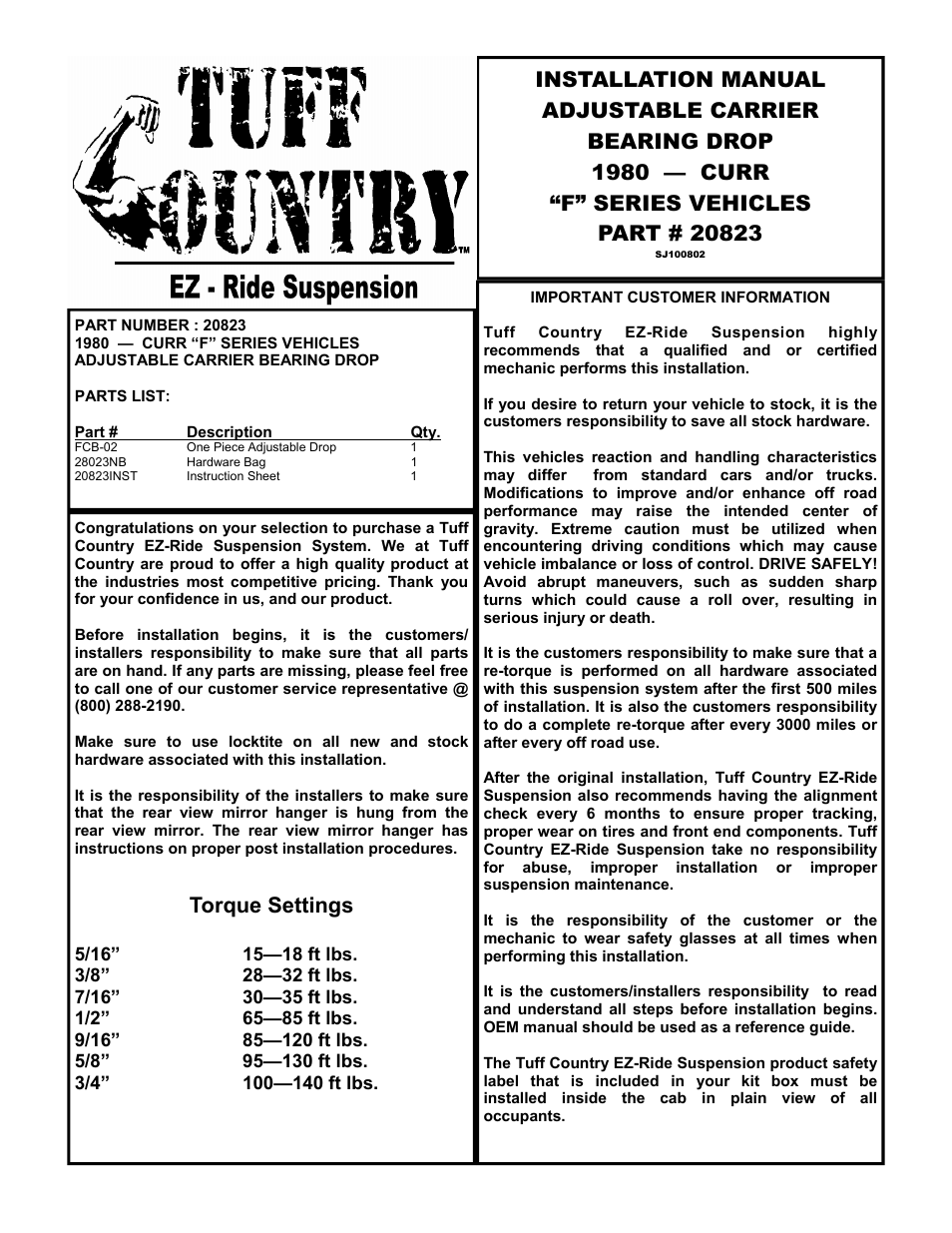 Tuff Country 20823 - Ford 80-04 carrier bearing drop kit User Manual | 4 pages
