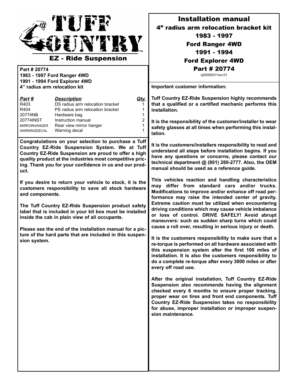 Tuff Country 20774 - Ford 83-97 Ranger radius arm brackets User Manual | 4 pages