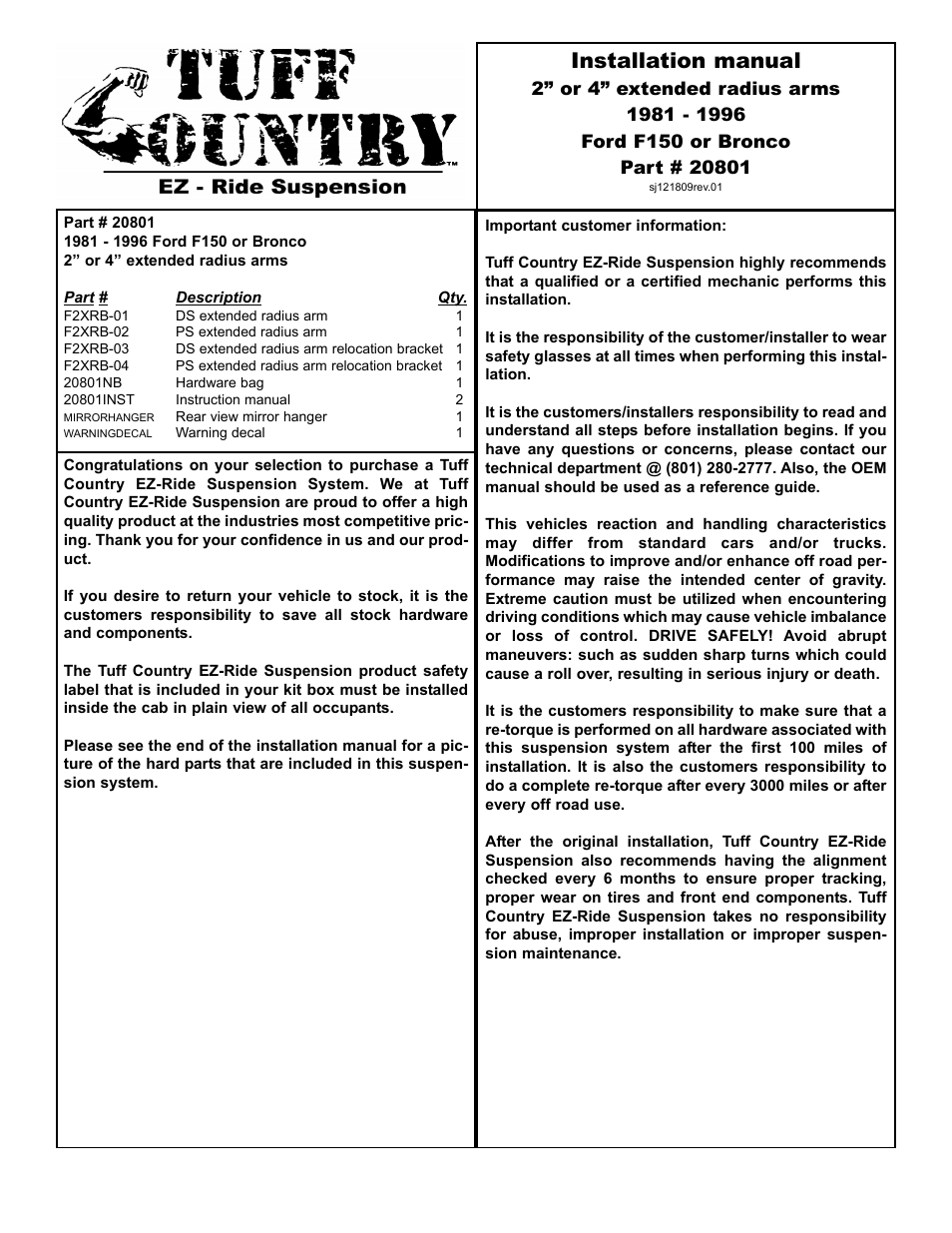 Tuff Country 20801 - Ford 81-96 F150 Extended Radius Arm Kit User Manual | 8 pages