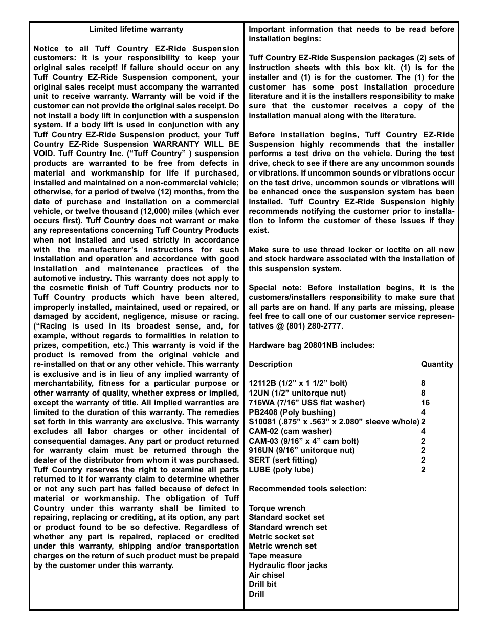 Tuff Country 20801 - Ford 81-96 F150 Extended Radius Arm Kit User Manual | Page 2 / 8