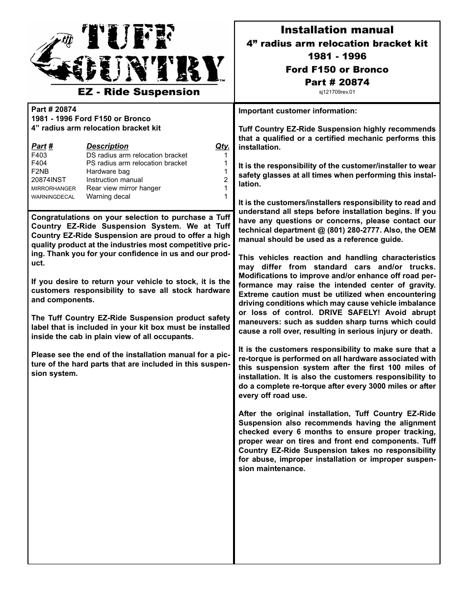 Tuff Country 20874 - Ford 81-96 F150 4 Drop Radius Arm Brackets User Manual | 4 pages
