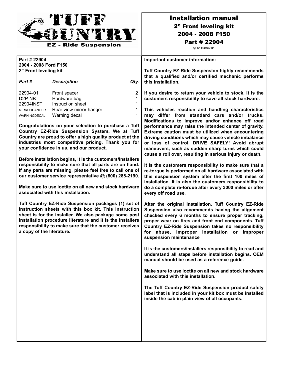 Tuff Country 22904 - Ford 04-08 F150 Leveling Kit User Manual | 3 pages