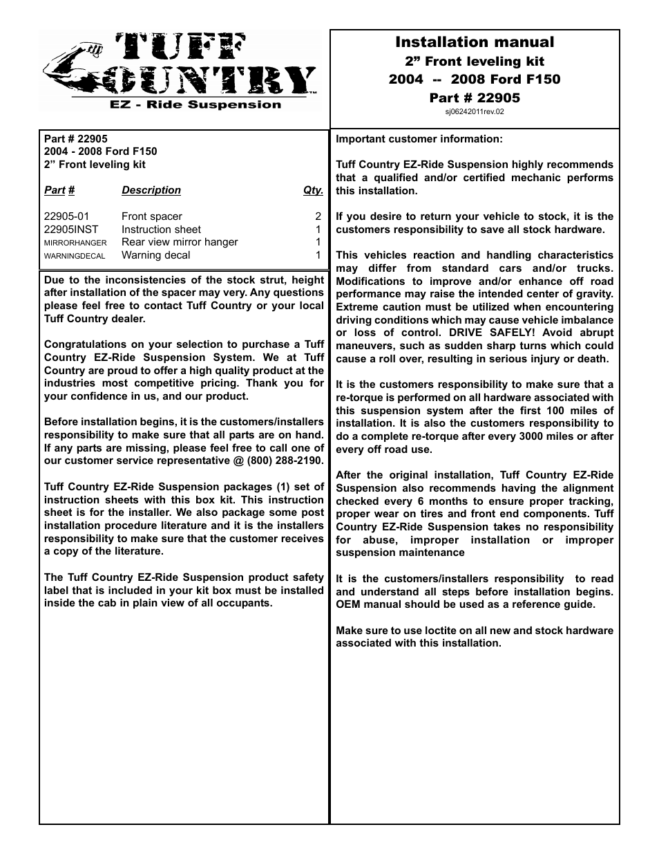Tuff Country 22905 - Ford 04-08 F150 Leveling Kit User Manual | 5 pages