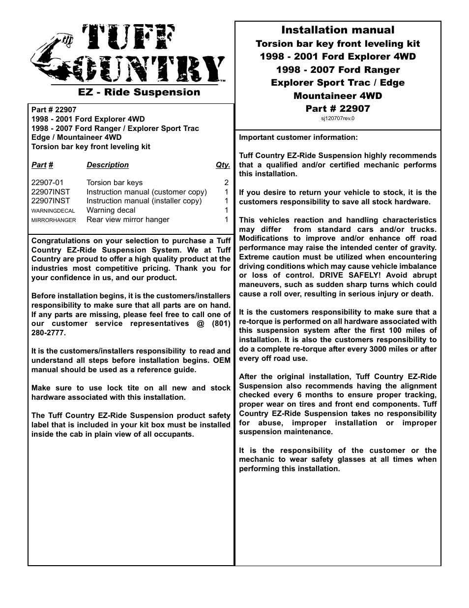 Tuff Country 22907 - Ford 98-10 Ranger torsion bar keys User Manual | 3 pages
