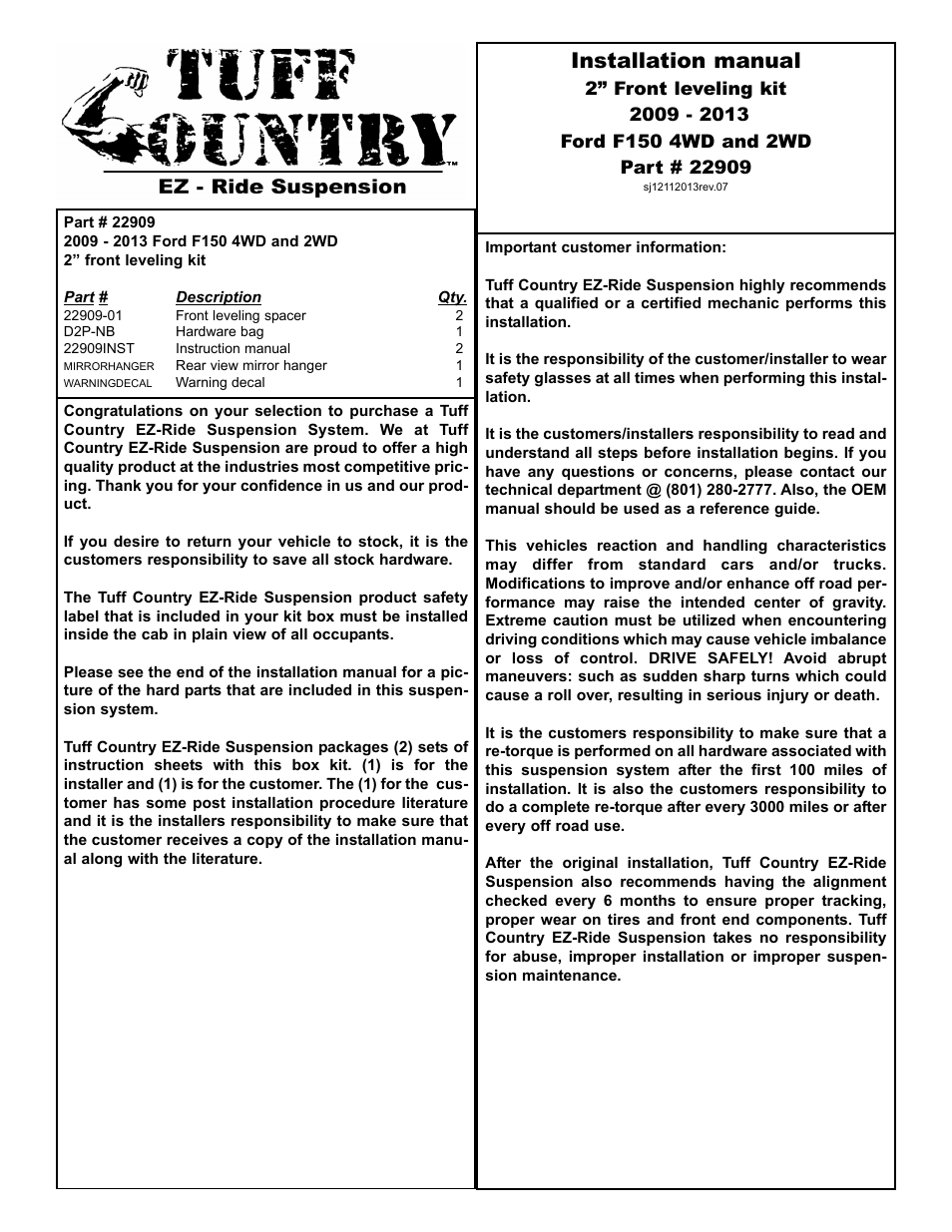 Tuff Country 22909 - Ford 09-13 F150 Leveling Kit User Manual | 4 pages