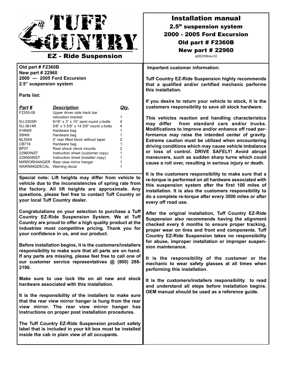 Tuff Country 22960 - Ford 00-04 Excursion 2.5 box kit User Manual | 7 pages