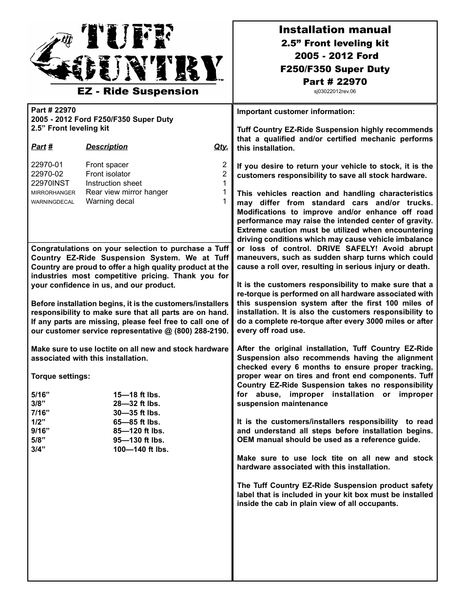 Tuff Country 22970 - Ford 05-13 F250 / F350 Superduty 2.5 leveling kit User Manual | 4 pages