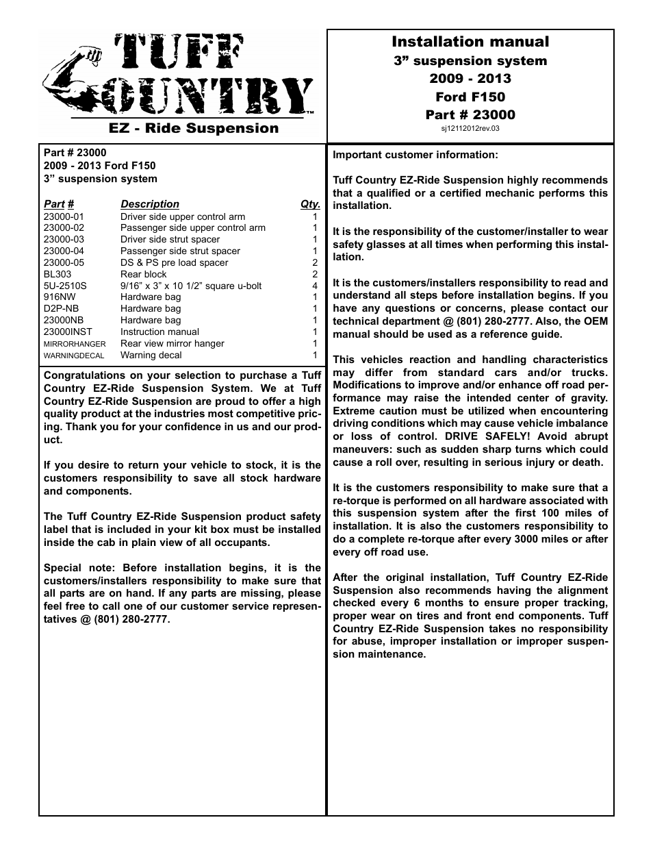 Tuff Country 23000 - Ford 09-13 F150 3 lift kit User Manual | 12 pages